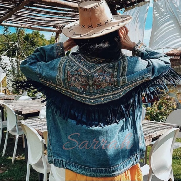 New Bohemian Western Fringe Detailed Embroidered Oversized Denim Jean Jacket - Picture 4 of 12